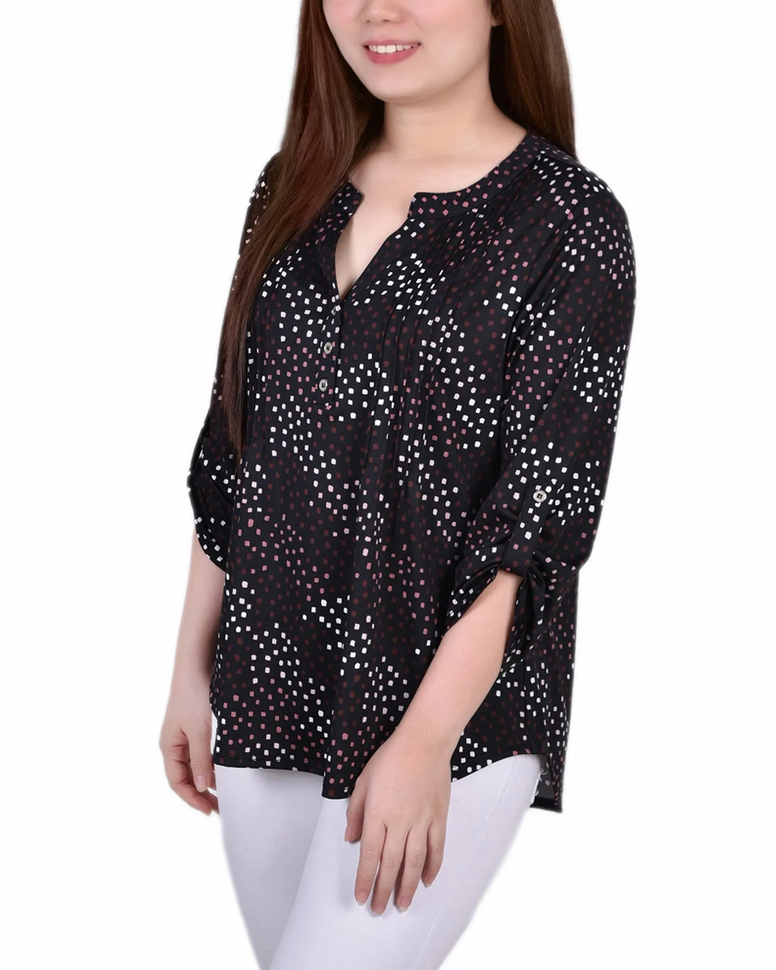Petite 3/4 Roll Tab Sleeve Y Neck Top