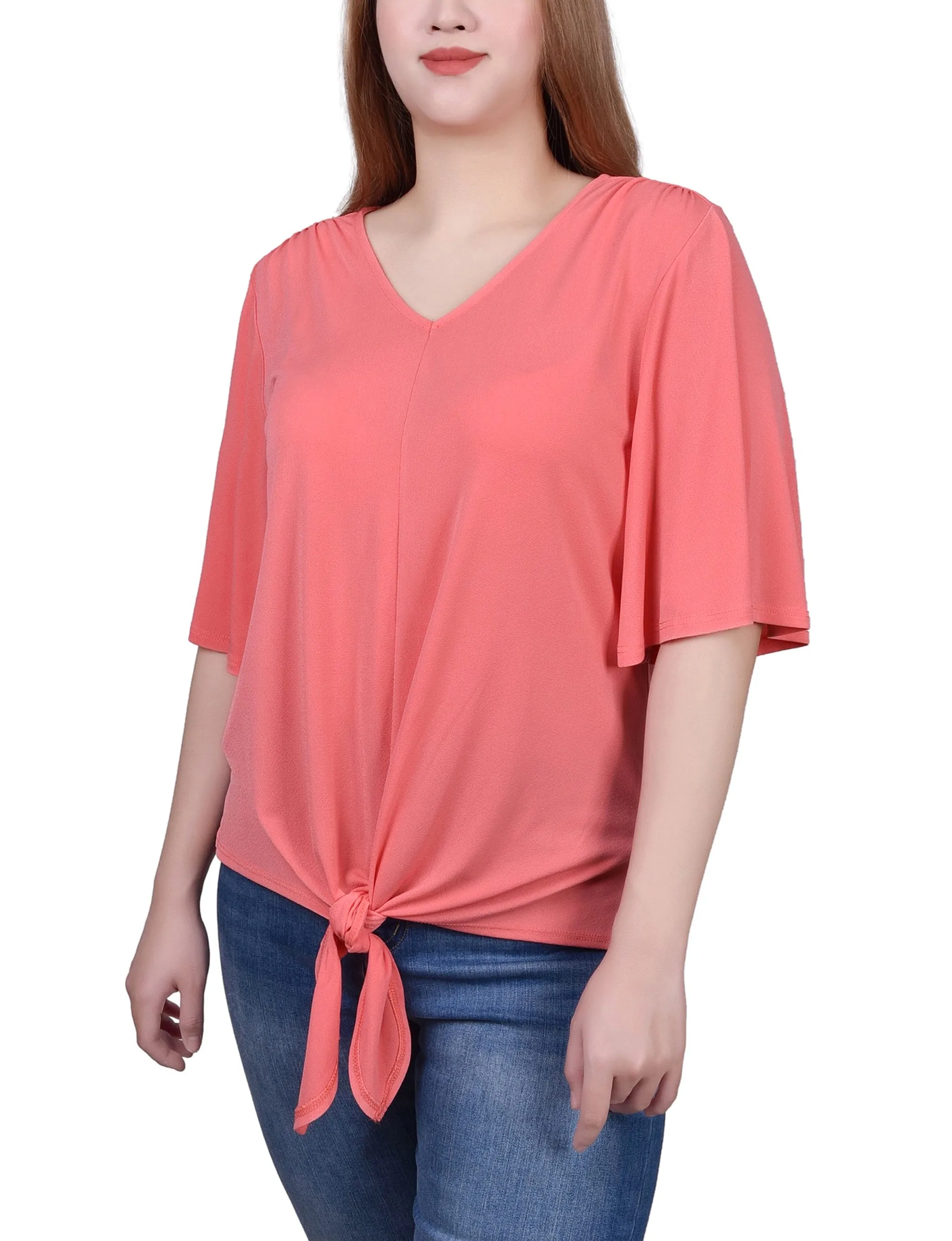 Petite Elbow Sleeve Tie-Front Top