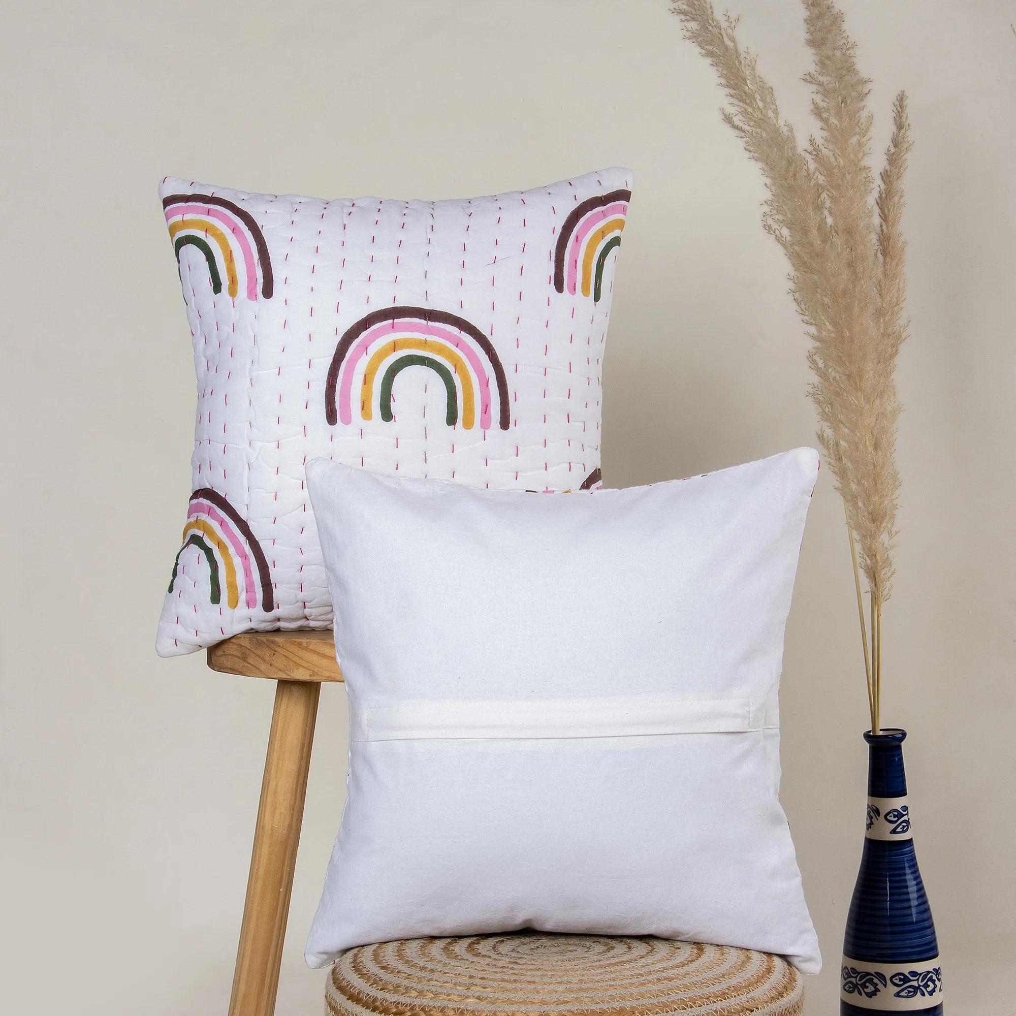 Premium Hand Block Rainbow Printed Kantha Sofa Cushions