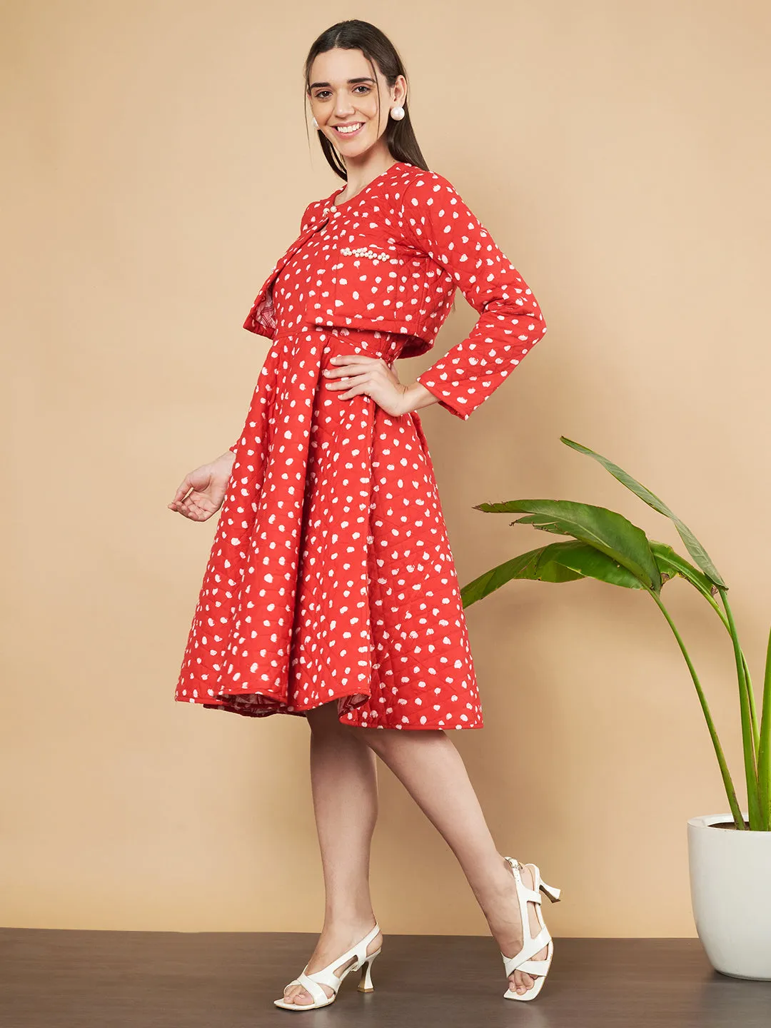 Premium Polka Dot Quilted Cotton Jacket & Dress Set for Women