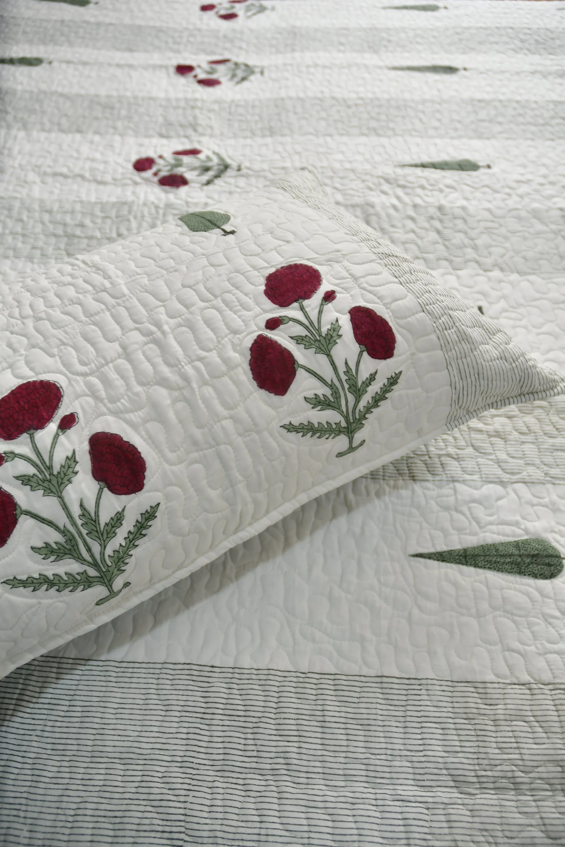 Red Poppy Quilted Bedcover | Hand-Blocked Design | Premium luxury