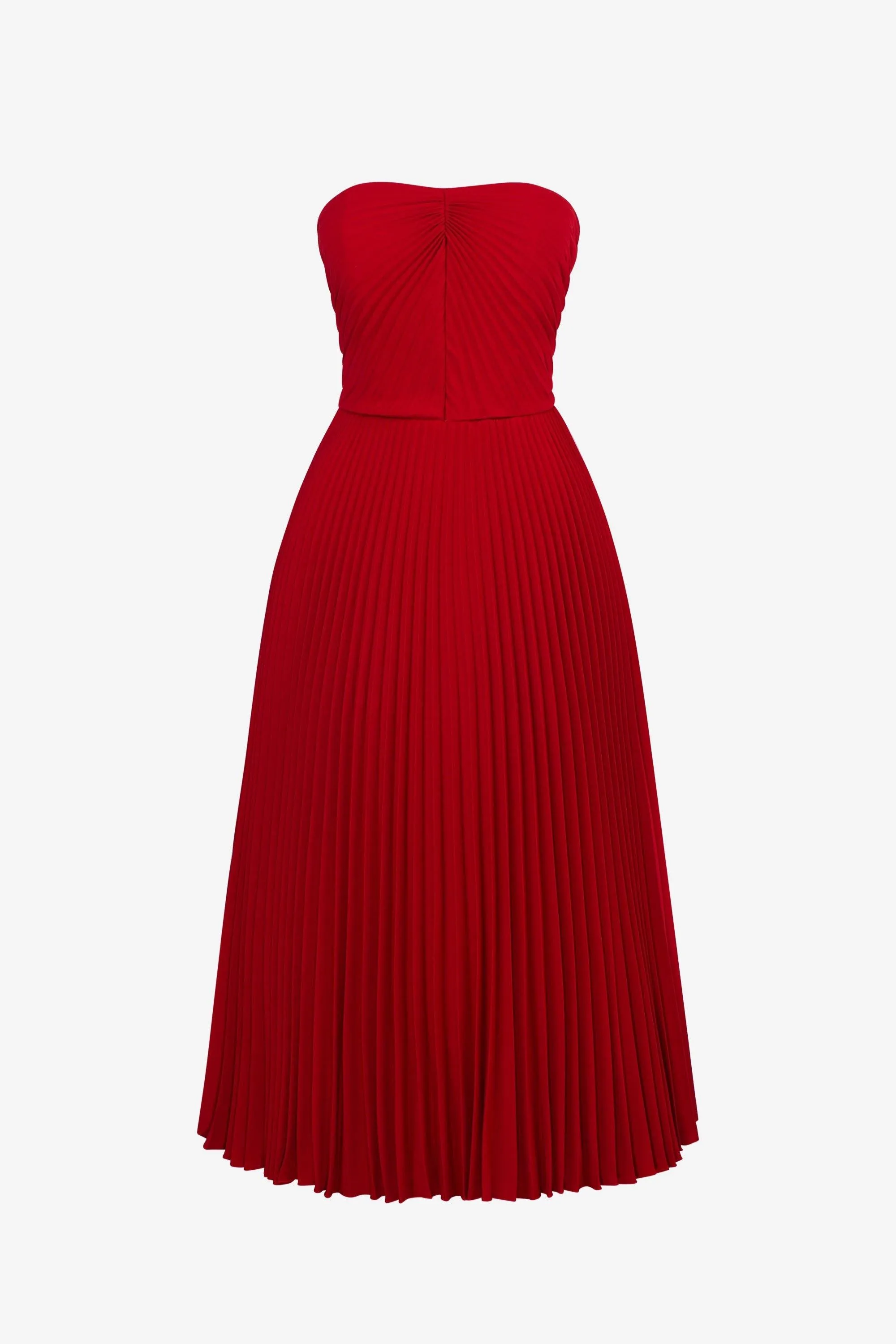 Red Strapless PLEATED MIDI DRESS-Mila
