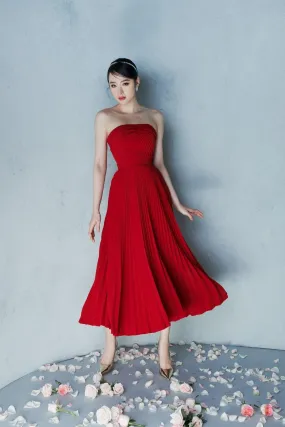 Red Strapless PLEATED MIDI DRESS-Mila