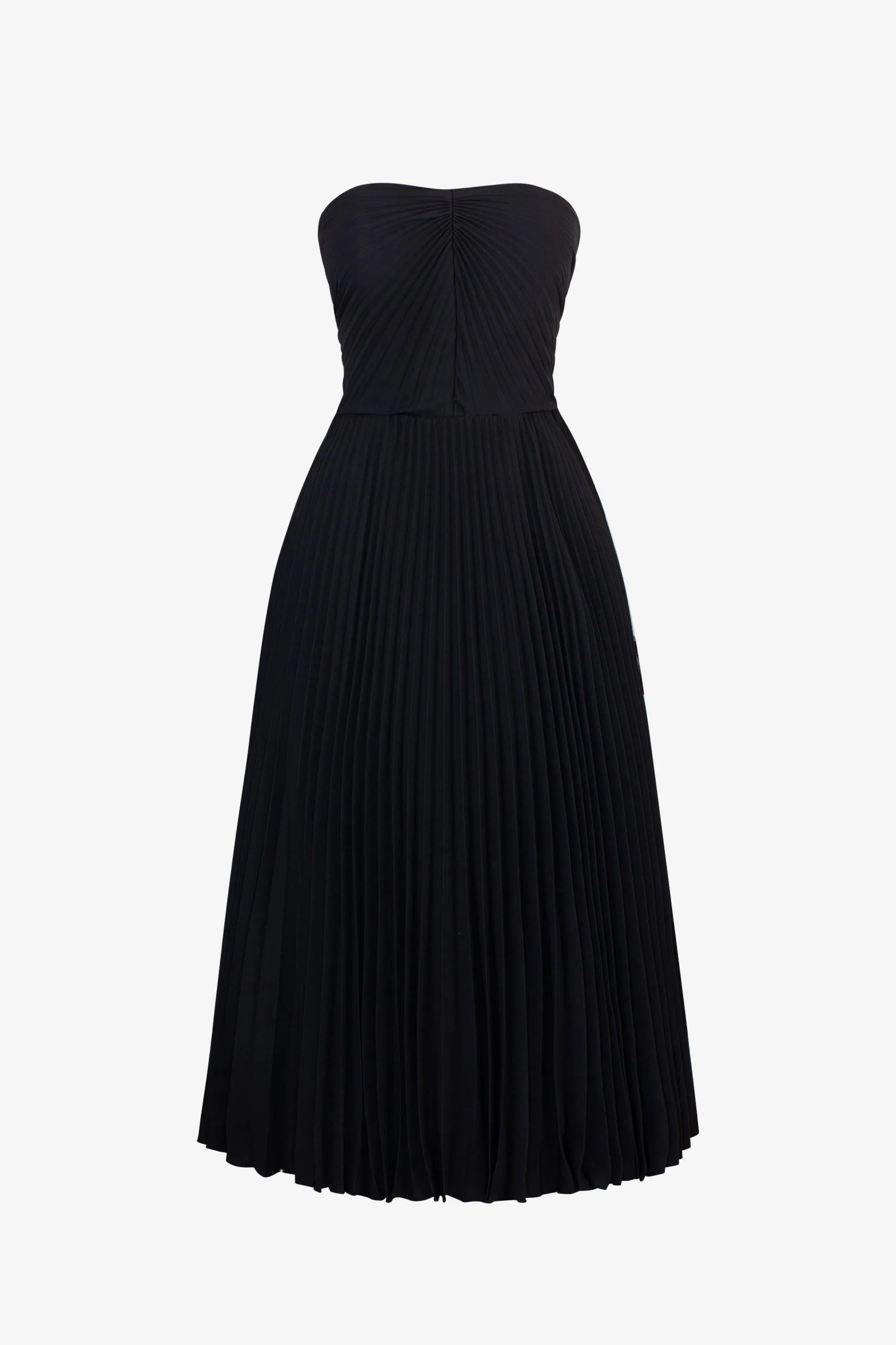 Red Strapless PLEATED MIDI DRESS-Mila