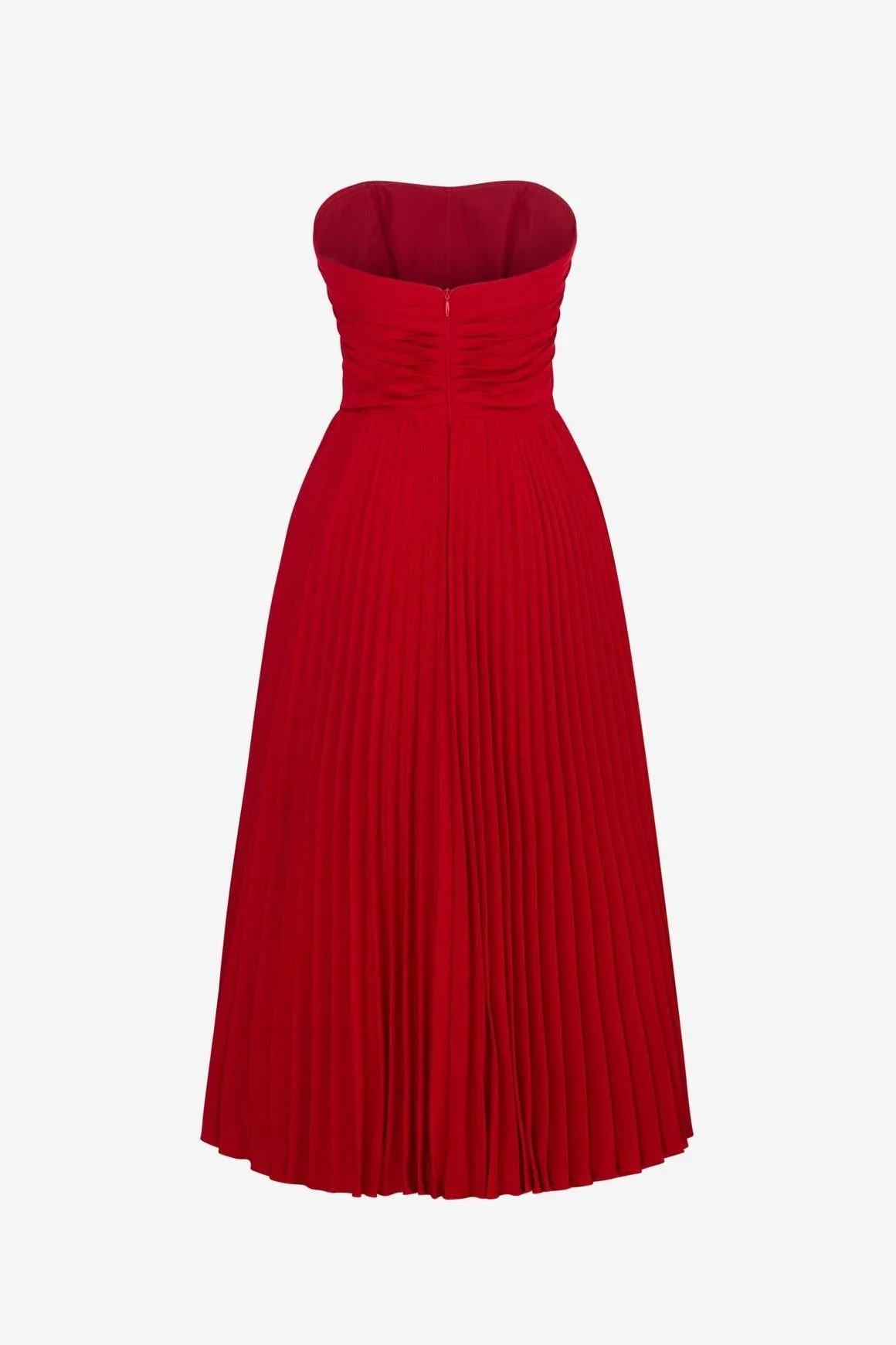 Red Strapless PLEATED MIDI DRESS-Mila