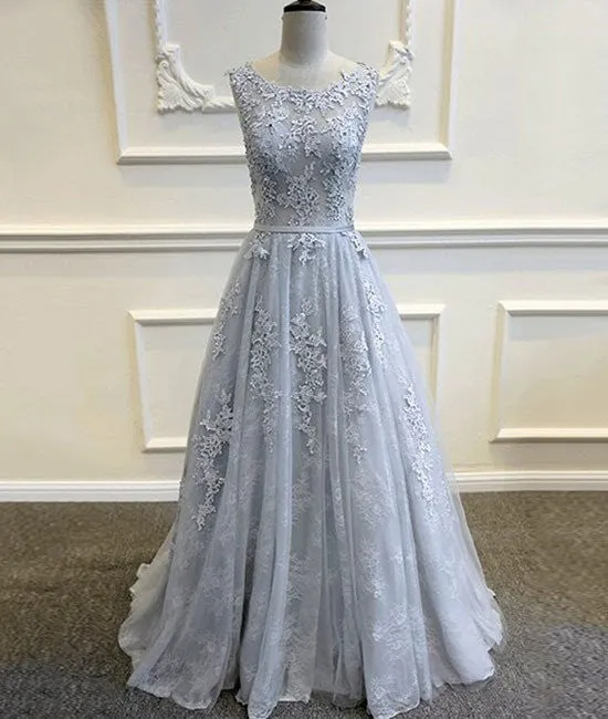 Round Neck Appliques Vintage Tulle Lace Prom Dresses, Bridesmaid Dresses