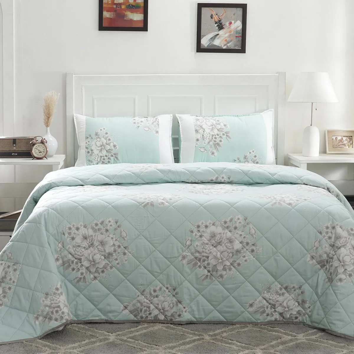 Royal Botanic 115 GSM Bloom Flora Aqua Quilt/Quilted Bed Cover