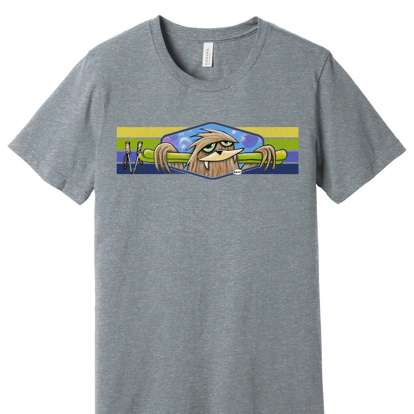 Sasquatch with Skis Light Heathered Gray Unisex T-Shirt | Wearable Art by Seattle Mural Artist Ryan "Henry" Ward