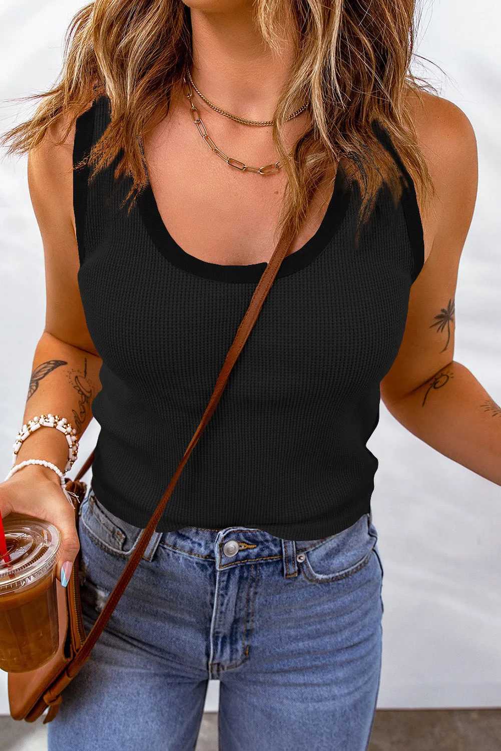 Sleeveless Waffle Knit Scoop Neck Tank Top