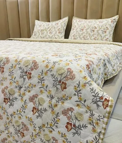 Subtlespreads Premium Cotton Feel Quilted Bedcover for Double Bed King Size with 2 Quilted Pillow Covers - Decorative Bed Cover/Quilted Bedspread Bedsheet, Cream Floral Garlands