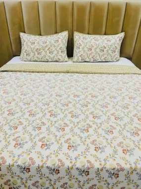 Subtlespreads Premium Cotton Feel Quilted Bedcover for Double Bed King Size with 2 Quilted Pillow Covers - Decorative Bed Cover/Quilted Bedspread Bedsheet, Cream Floral Garlands