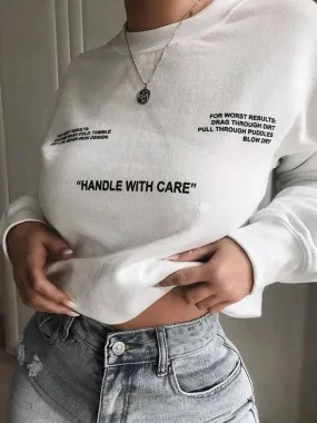 SXV  '''HANDLE WITH CARE''’ Printed Cool Aesthetic Drop Shoulder Oversized Baggy Sweatshirt