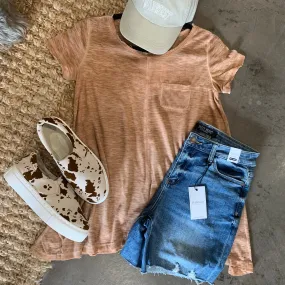 Tan distressed Scoop Hem Knit Top