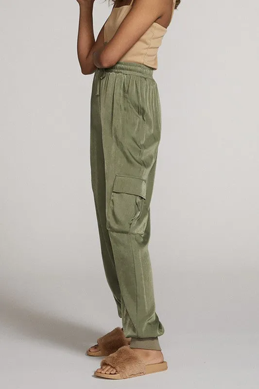 Textured satin cargo pants