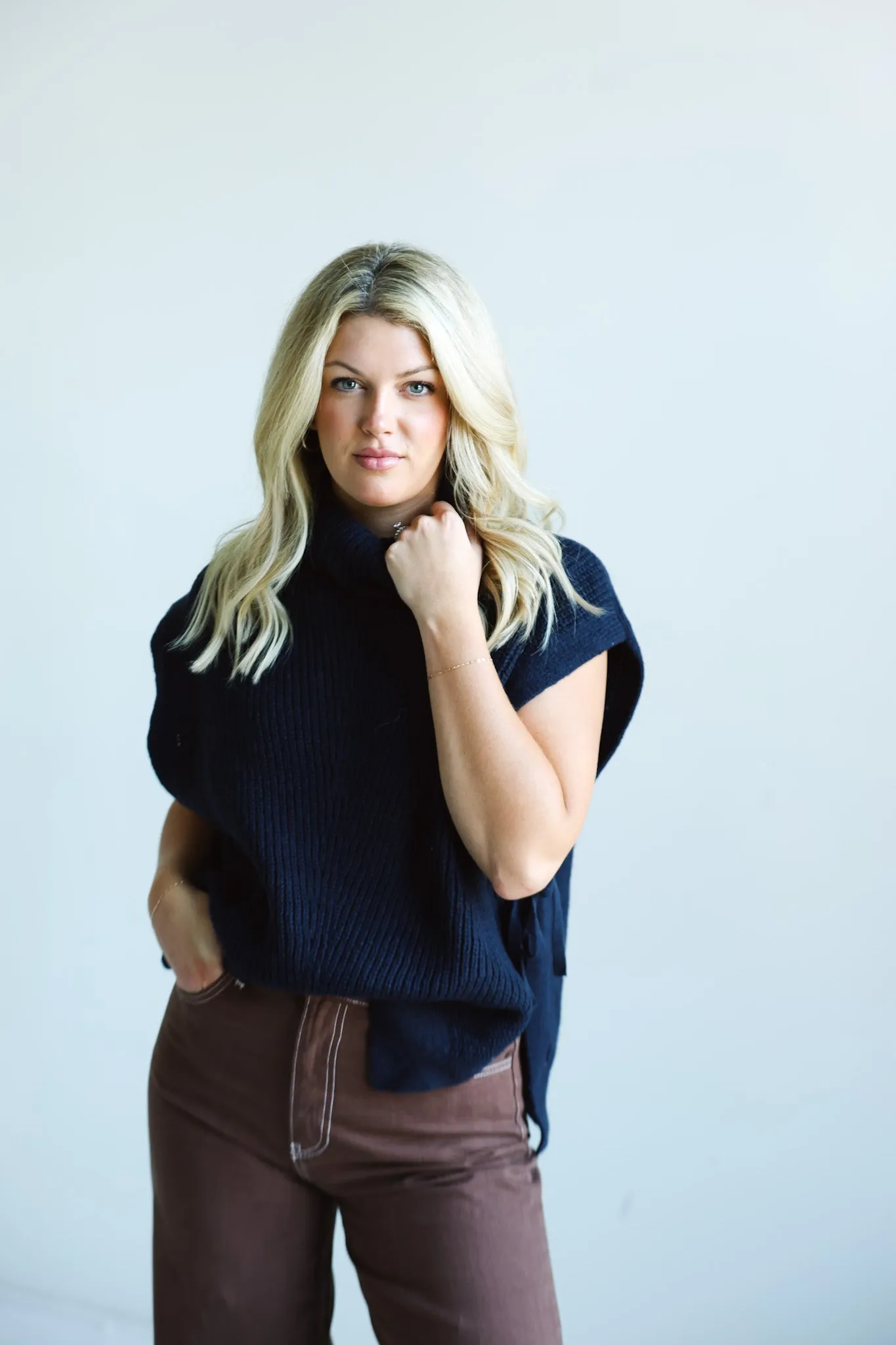 The Knit Side-Tie Sleeveless Turtleneck