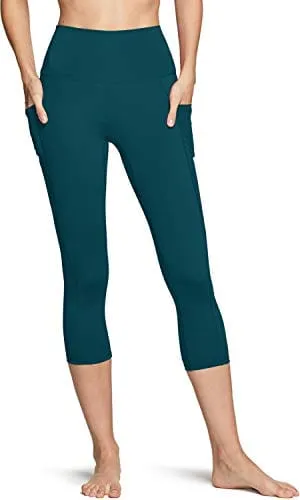 TSLA High Waist Yoga Pants with Pockets, Tummy Control Yoga Leggings, Non See-Through Workout Running Tights, Capris Pocket Peachy Dark Green