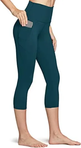 TSLA High Waist Yoga Pants with Pockets, Tummy Control Yoga Leggings, Non See-Through Workout Running Tights, Capris Pocket Peachy Dark Green