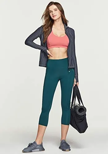TSLA High Waist Yoga Pants with Pockets, Tummy Control Yoga Leggings, Non See-Through Workout Running Tights, Capris Pocket Peachy Dark Green