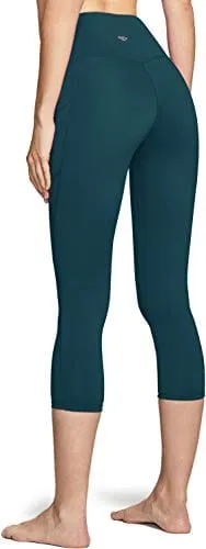 TSLA High Waist Yoga Pants with Pockets, Tummy Control Yoga Leggings, Non See-Through Workout Running Tights, Capris Pocket Peachy Dark Green