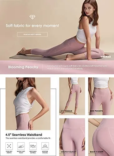 TSLA High Waist Yoga Pants with Pockets, Tummy Control Yoga Leggings, Non See-Through Workout Running Tights, Capris Pocket Peachy Dark Green