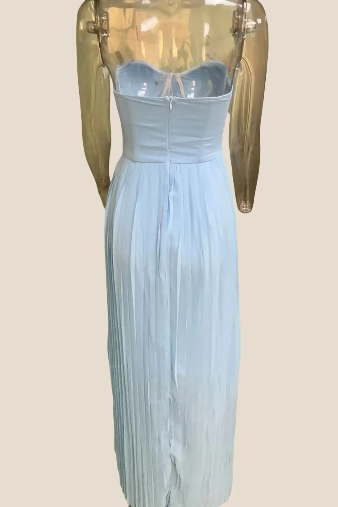 V-neck Blue Pleated A-line Long Dress