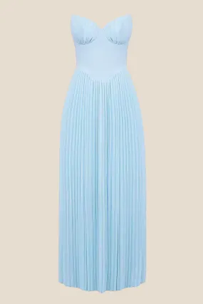 V-neck Blue Pleated A-line Long Dress
