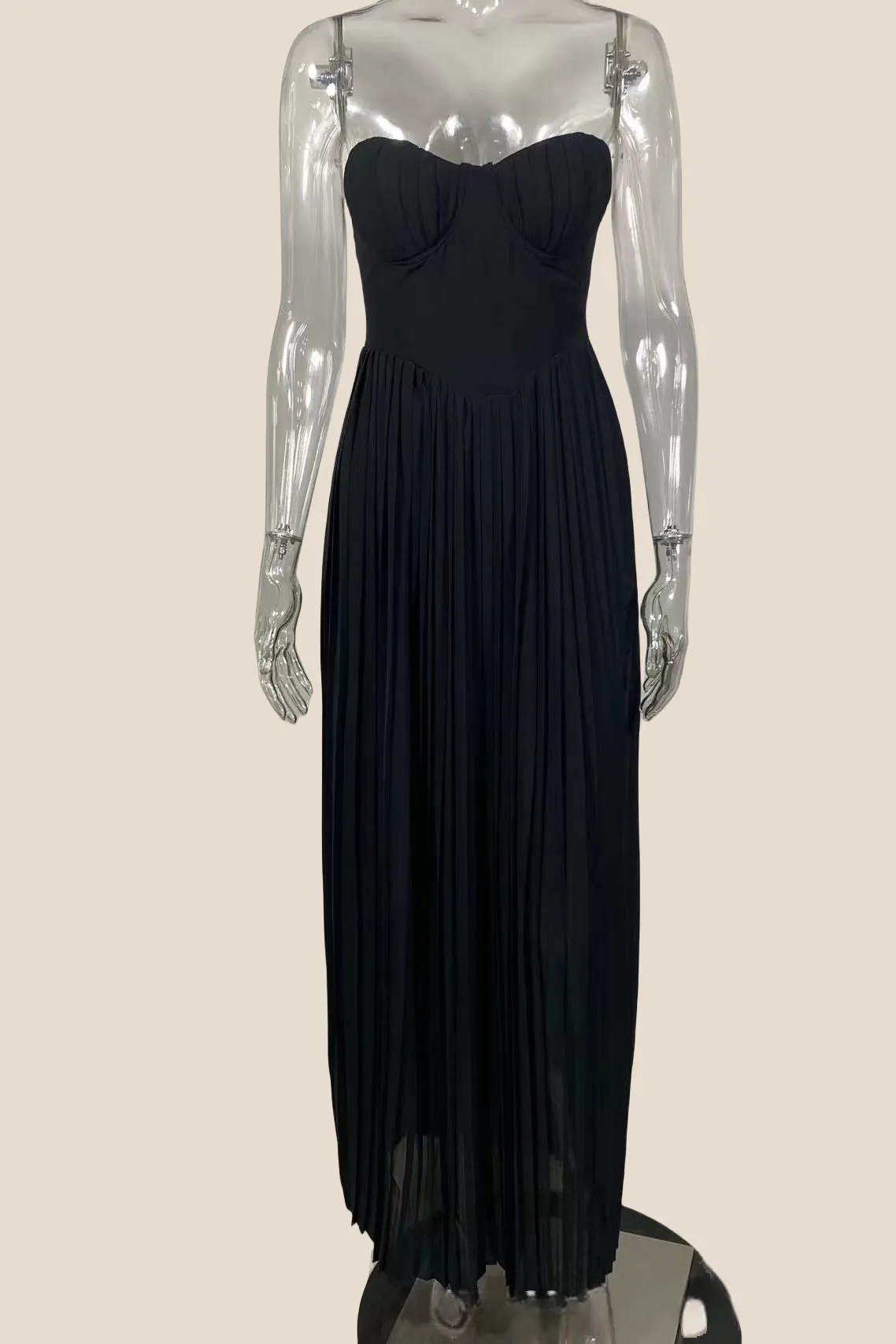 V-neck Blue Pleated A-line Long Dress