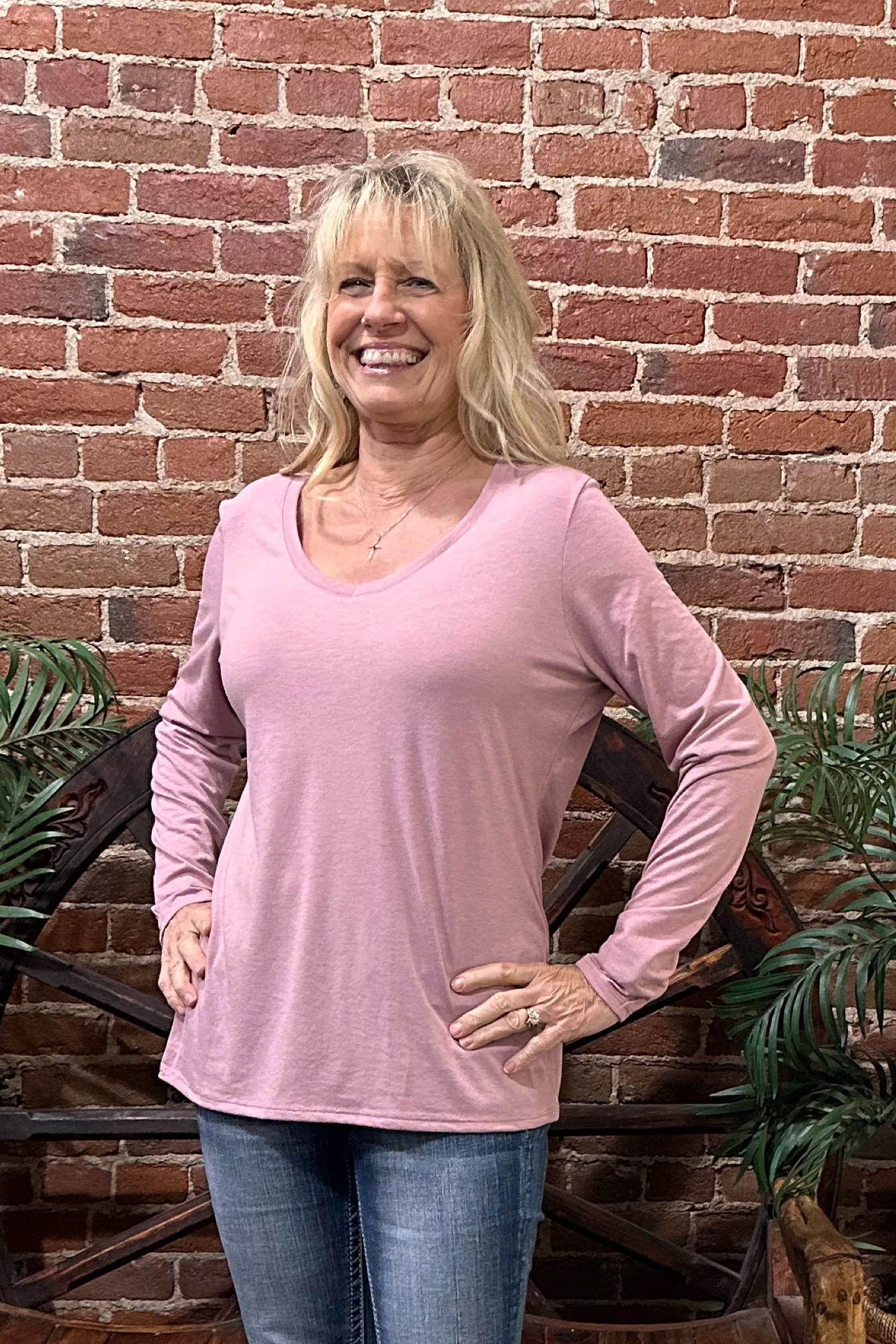 Women's BEST EVER V-Neck Long Sleeve Tee - Pink Rose