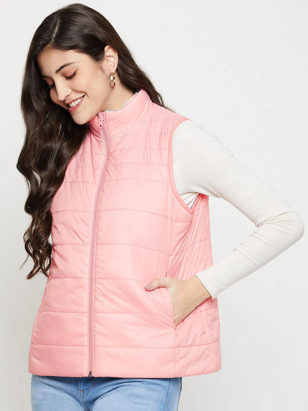 Women's Casual  Pink Quilted  Reversible Jacket