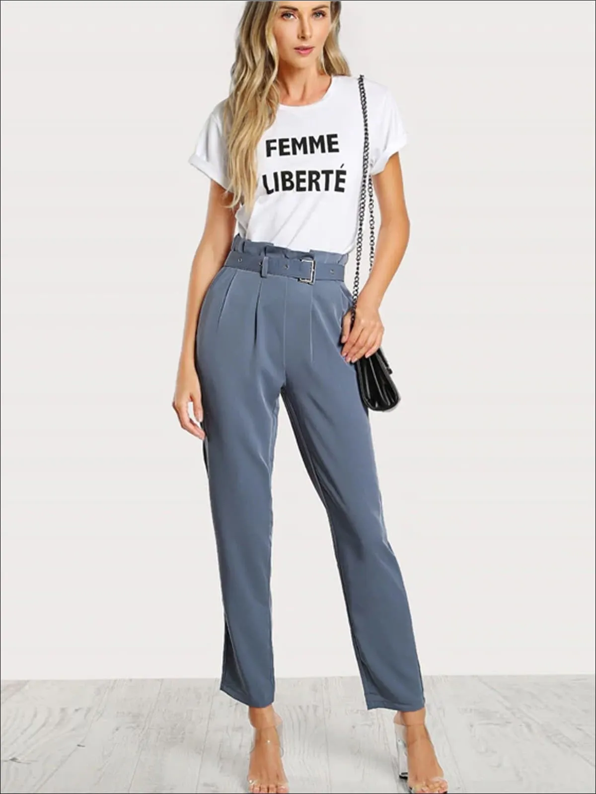 Women's Pleated Tailored Pants With Buckle Belt